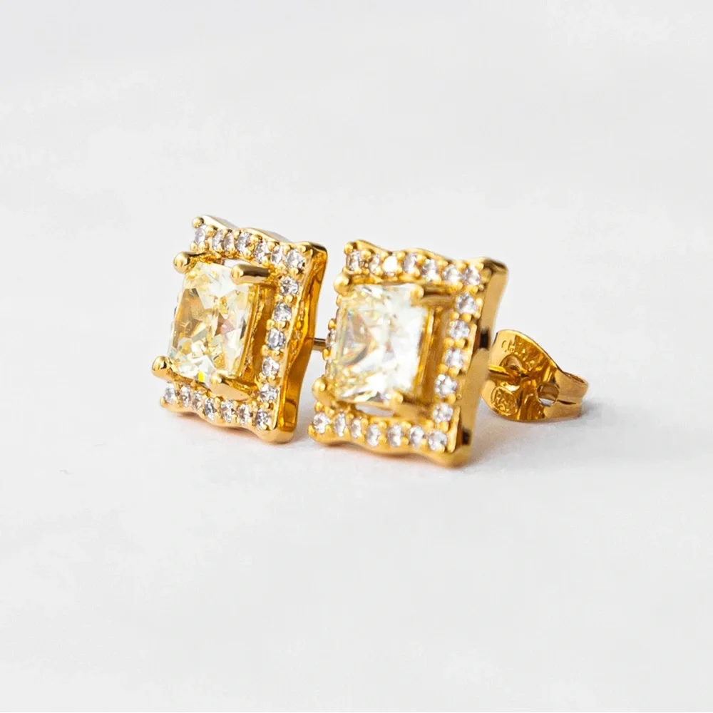 Faux diamond square post earrings gold tone & faux diamond Brilliante